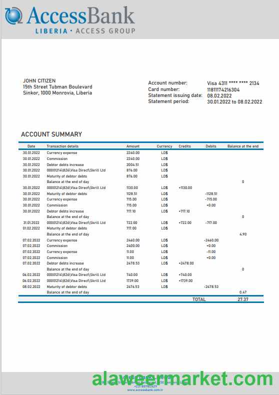 Liberia Access Bank statement template in Word and PDF format